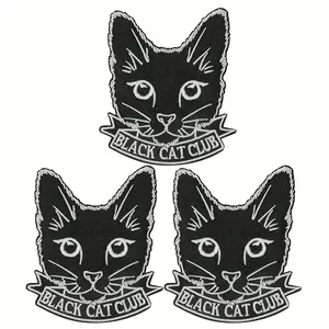 3pcs Gothic Black Cat Club Iron-On Patch Set #Summervibes, Black And White Line Art Cat Faces, Easy-To-Apply, Heat-Press Or Sew-On For Jackets, Bags, Hats, Artwork Customizing