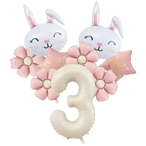 Soft-eared Rabbit Aluminum Film Balloon Set (9 pcs), including Soft-eared Rabbit Balloon (random color), Small Daisy Balloon, Star Balloon and Digital 1-9 Balloon, suitable for birthday parties, home decoration and holiday atmosphere.