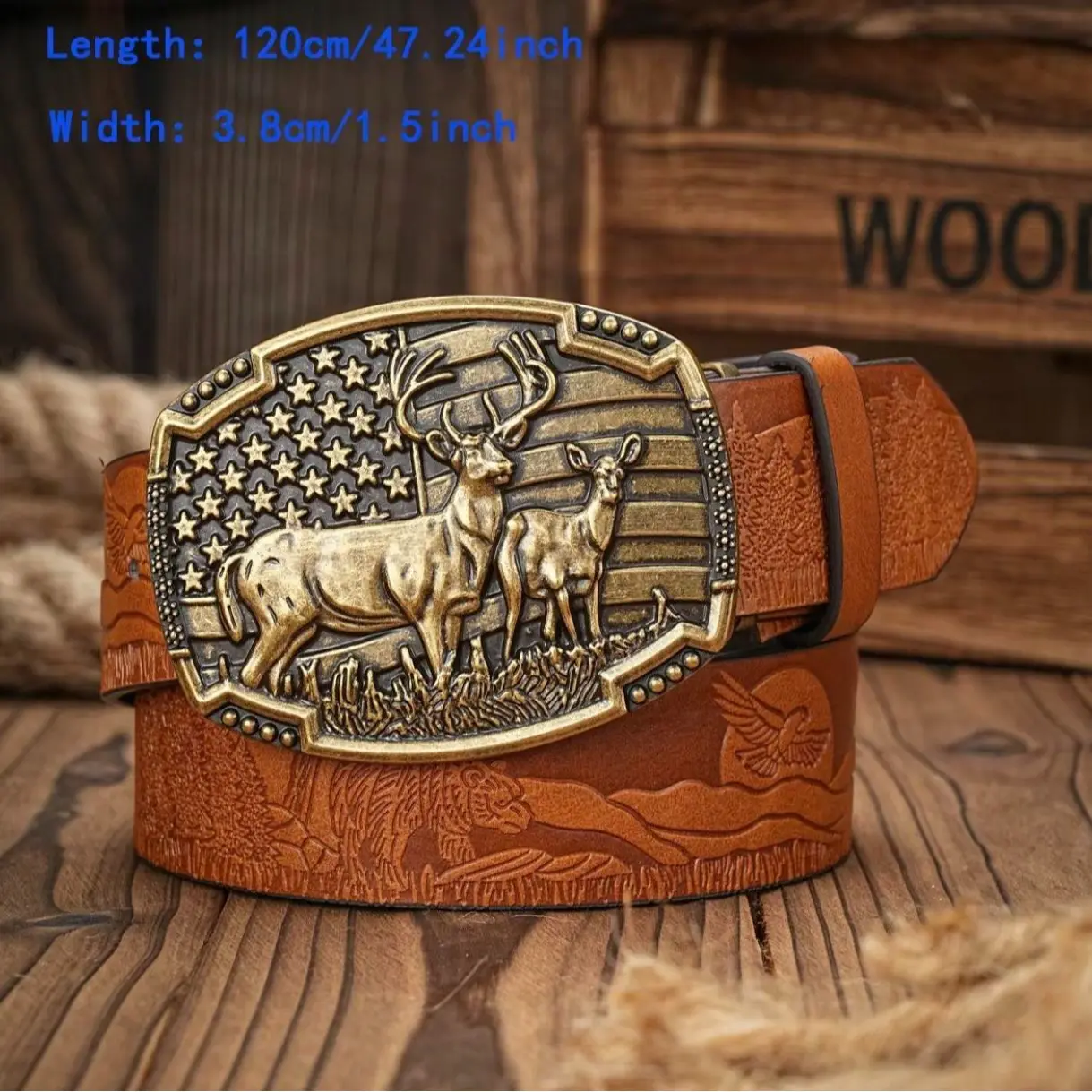 Men's Western Cowboy PU Leather Belt, Heavy-Duty Waist Strap for Jeans with Bull Decoration, Floral Engraving, Alloy Deer Head Buckle, Retro Literary Style, 120cm Length (Belts)