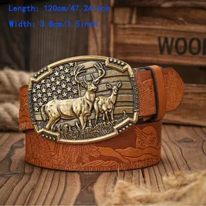Western Cowboy PU Leather Belt Men's Waist Strap with Bull Decoration Floral Engraved for Jeans Heavy Duty Alloy Deer Head Buckle Retro Literary Style 120cm Length