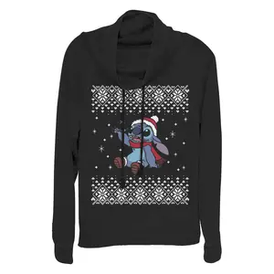 Junior's Lilo & Stitch Alien Christmas Sweater Cowl Neck Sweatshirt
