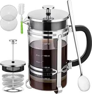 French Press Coffee Maker (34 oz) with 4 Filters - 304 Durable Stainless Steel,Heat Resistant Borosilicate Glass Coffee Press,BPA Free,Silver（include 1 cleaning brush,1spoon and 2 spare filter screen Metal Pots