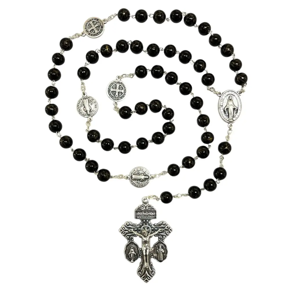 Rosary with Pardon Crucifix with Miraculous/St Benedict Medals and Black Glass Beads