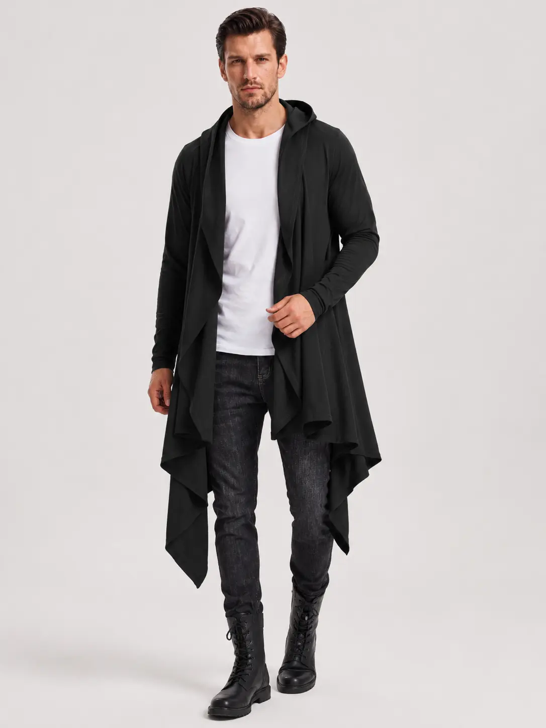 Men's Long Hooded Cardigan, Lightweight Open Front Draped Jacket with Shawl Collar & Pockets, Casual Long Sleeve Outerwear for Party, Travel & Everyday Wear