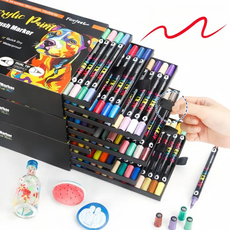 Acrylic Paint Marker Set, Art Marker Set, Artist Supplies, 96/120/168 Colors Dual-color Brush Tips Marker Pen, Drawing Pen for Rocks, Wood, Canvas, Plastic, Glass, Ceramic, Quick Dry Waterproof