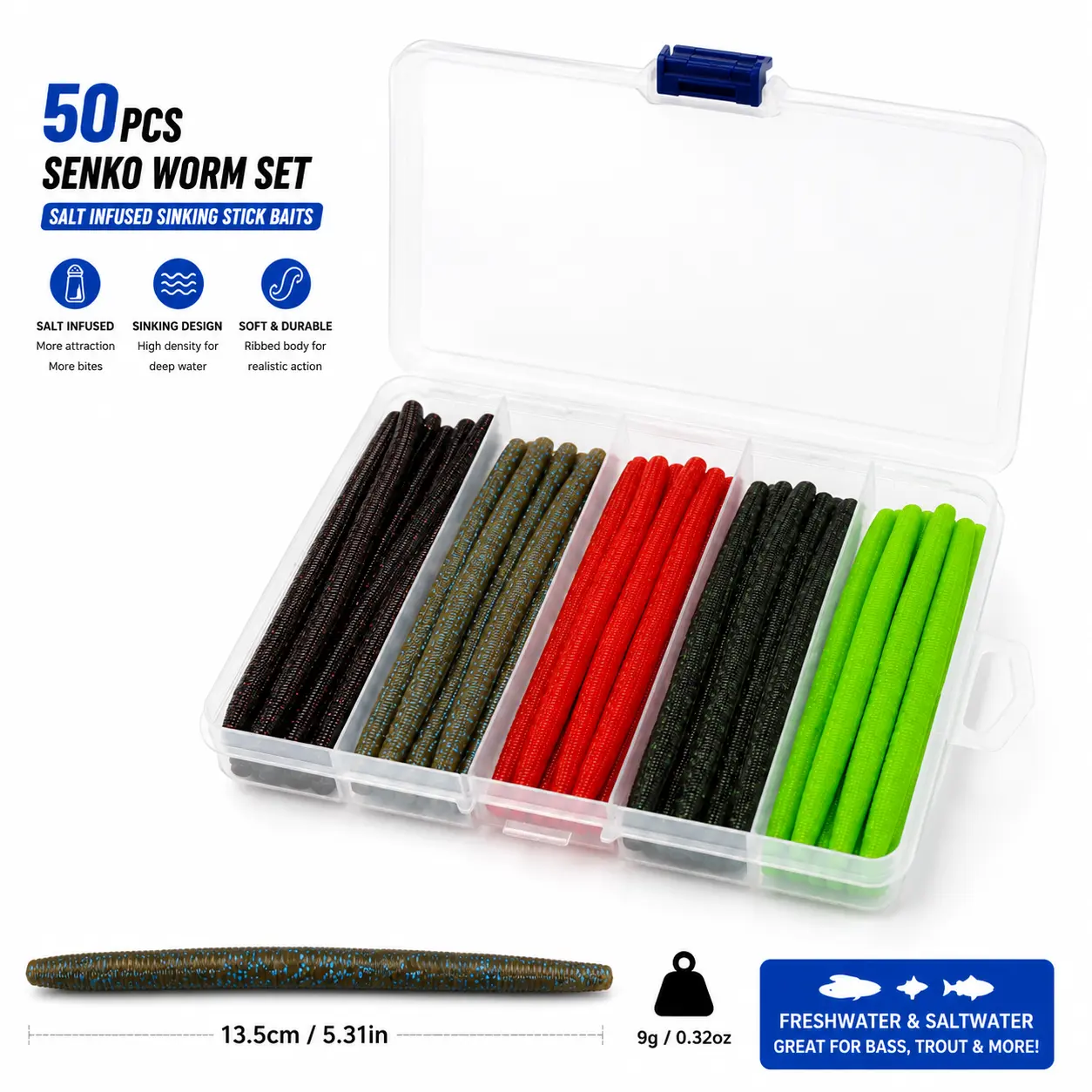 50PCS Senko Stick Worm Fishing Lures, Salt Infused High Density Sinking Soft Plastic Worm Baits, 13.5cm Ribbed Glitter Bass Fishing Lure Set with Storage Box for Texas Rig, Wacky Rig & Neko Rig