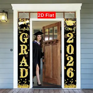 2D Flat Banner Door Sign 1 Pair, 2026 Graduation Porch Banner, Outdoor Gold Sparkle, Weatherproof Graduate Welcome Sign, High School Party Supplies