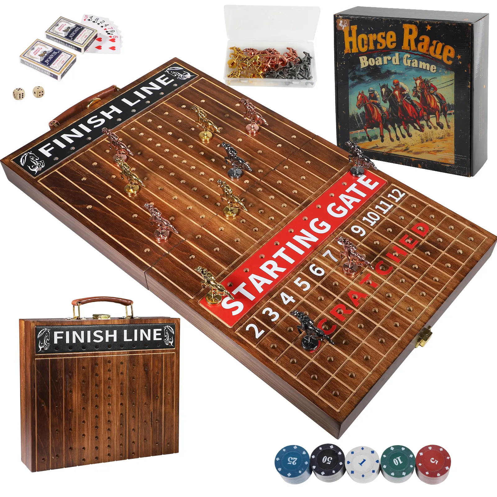 Premium Solid Wood Board Game | Ultimate Screen-Free Family Fun & Party Icebreaker Game. Foldable set with 11 luxury metal horses, 100 chips, cards & dice. Perfect for gifting, game nights & home decor. Tabletop Games Table Math Games