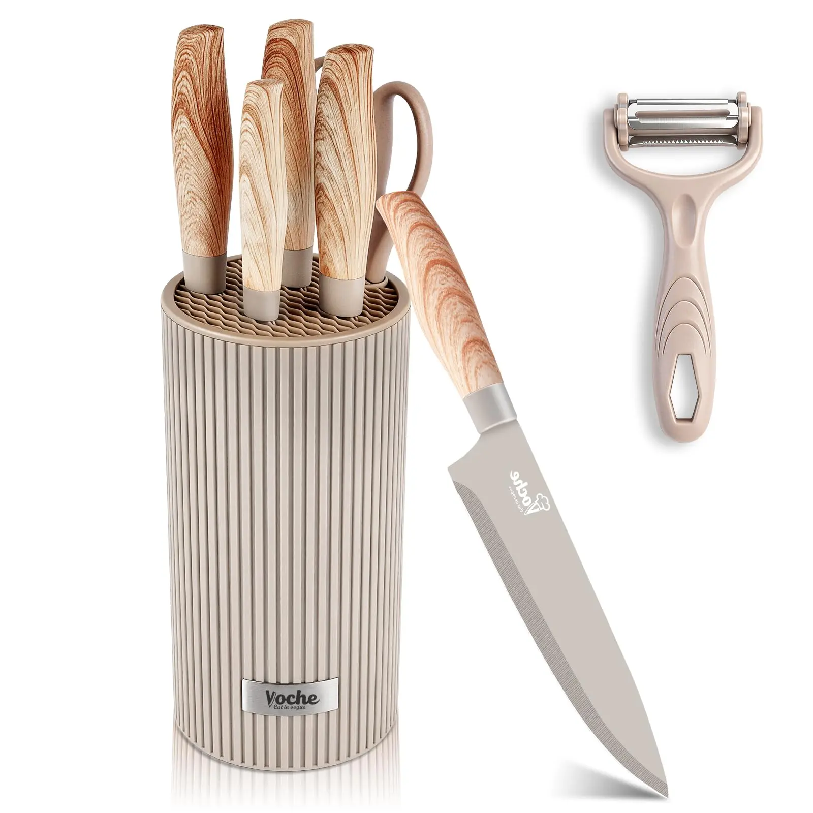7PCS Kitchen Knife Set with Upgraded Drainage Block, Space Saving Knife Set for Small Kitchen, Sharp Stainless Steel Knives with Scissors & Peeler, Everyday Cooking Knife Set