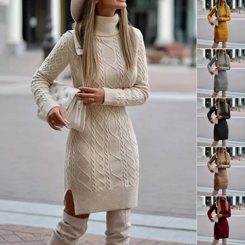 Women's Maternity Knitting Turtleneck Dress - Winter Warm, Solid Color, Pullover, Slit Design, Minimalist Basic Casual Womenswear