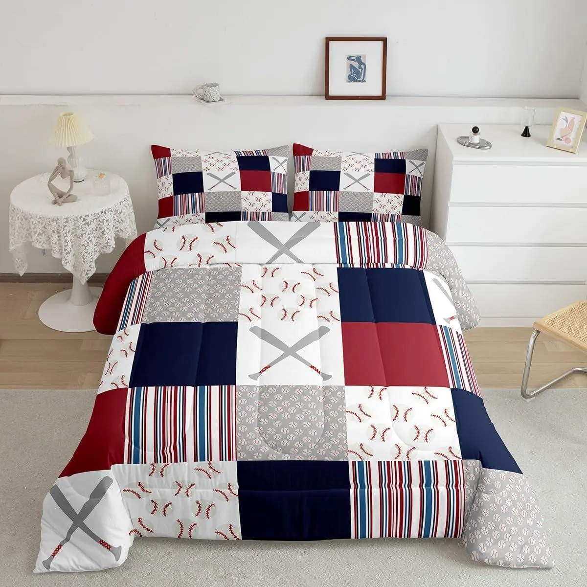 Feelyou Breathable Microfiber Duvet Comforter Set - Queen Size Option, Machine Washable, Soft Texture, Digital Printed Baseball Sports Motif, Gift for Baseball Fans