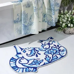 Delft Cat Shape Bath Rug Cat Shaped Bathroom Mat Rugs for Home Decor Cute Soft Tufted Mats Non Slip Absorbent Floor Carpet for Bedroom Porch Kitchen Bath Textiles bathroom accessories