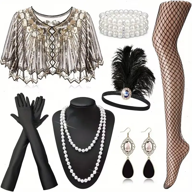 1 Set 1920S Flapper Set with Gloves Earrings Necklace Headband Bracele Stockings for Vintage Wedding Costume Accessories for Halloween, Party, and Stage Performances summerwins