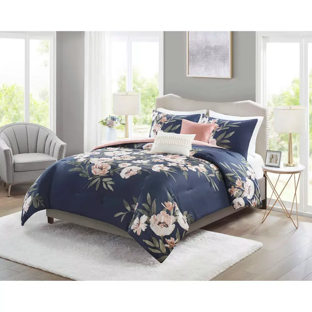 Queen Comforter Set, 4-Pc Leilani Floral Print Bedding Set, Machine Washable Soft Bedding Collection for Bedroom, Machine Wash