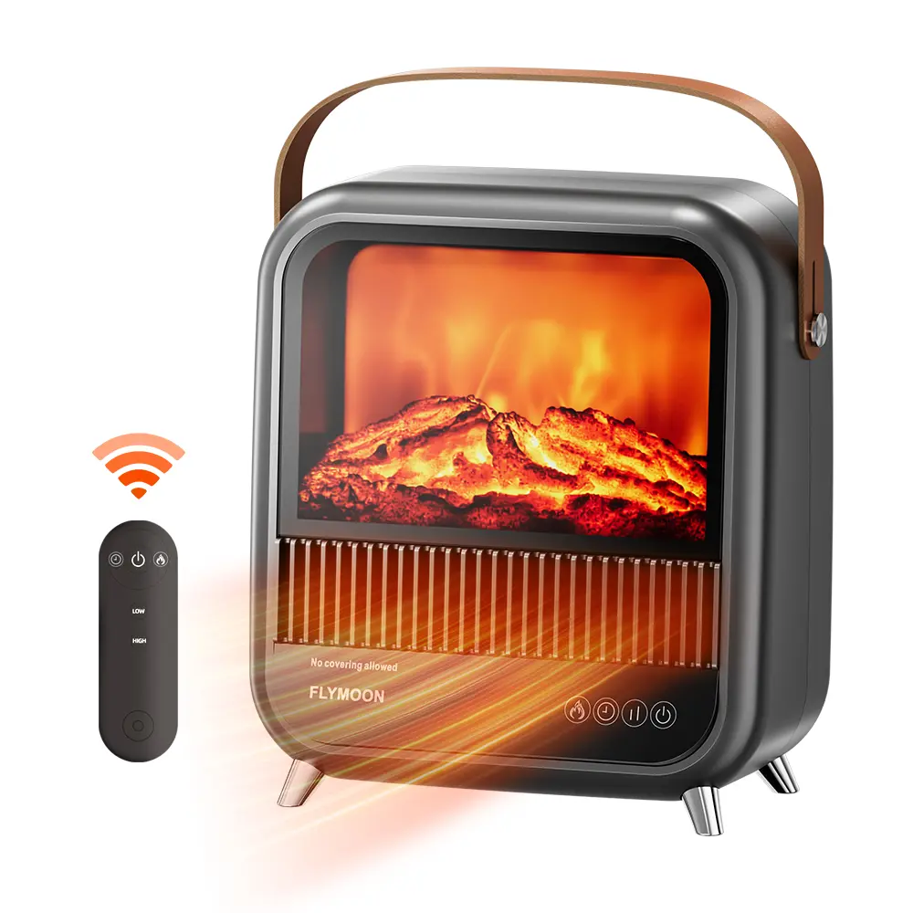 【Clearance Sale】Flymoon Ceramic Electric Fireplace Heater with 2 Carry Handles, 1200W Portable Space Heater, Realistic Heat+Flame Effect, 3 Modes, 7H Timer, Remote Control, Dual Power Settings, Efficient Heating for Bedroom, Office