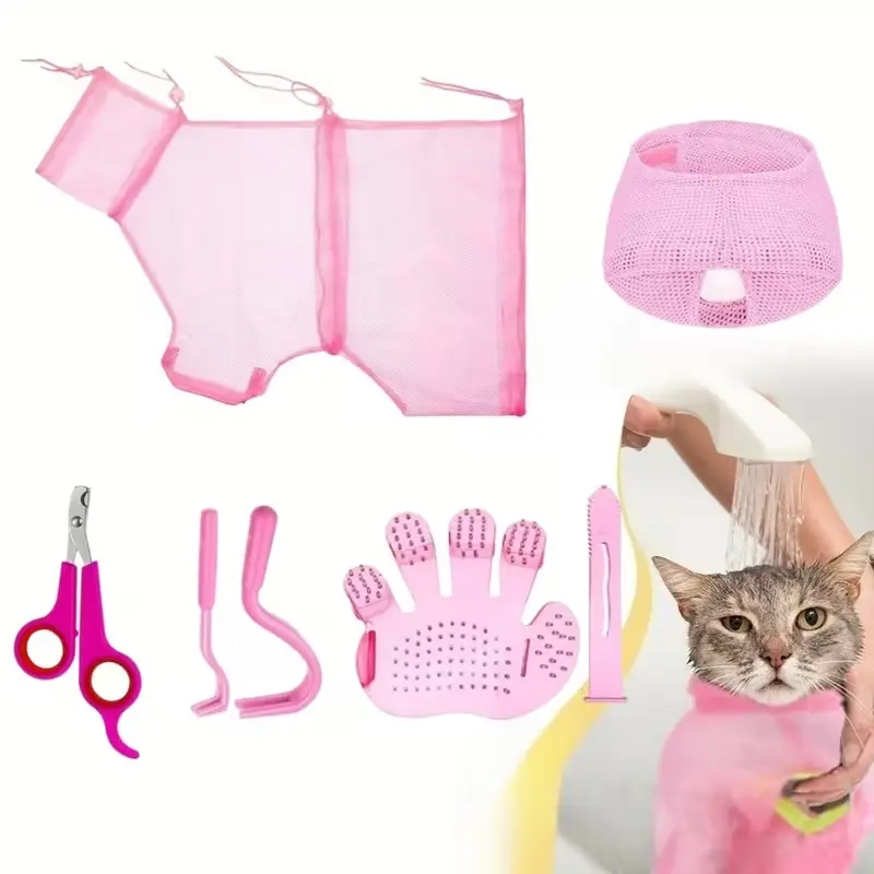 6 Pack Cat Bathing Bag Set | Adjustable Pet Shower Net Bag,Shiny Fur Pet Care Products, Nail Clippers tool, Without Battery ﻿,summerwins