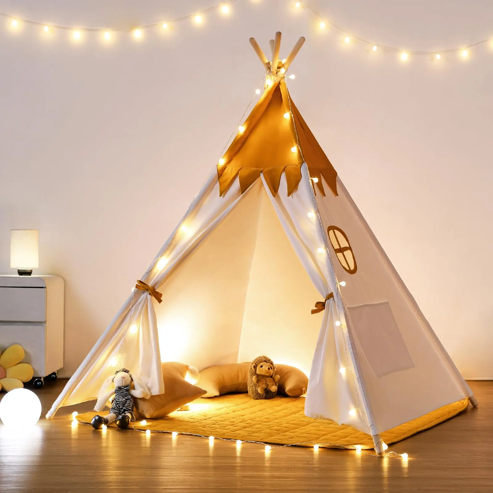 besrey Teepee Tent for Kids with Padded Mat & Light, Kids Tents Indoor Playhouse, Large Kids Tipi Tent, Christmas Play Tent for Toddler Boys Girls, Foldable Portable Toddler Reading Tent Fun kids outdoor play