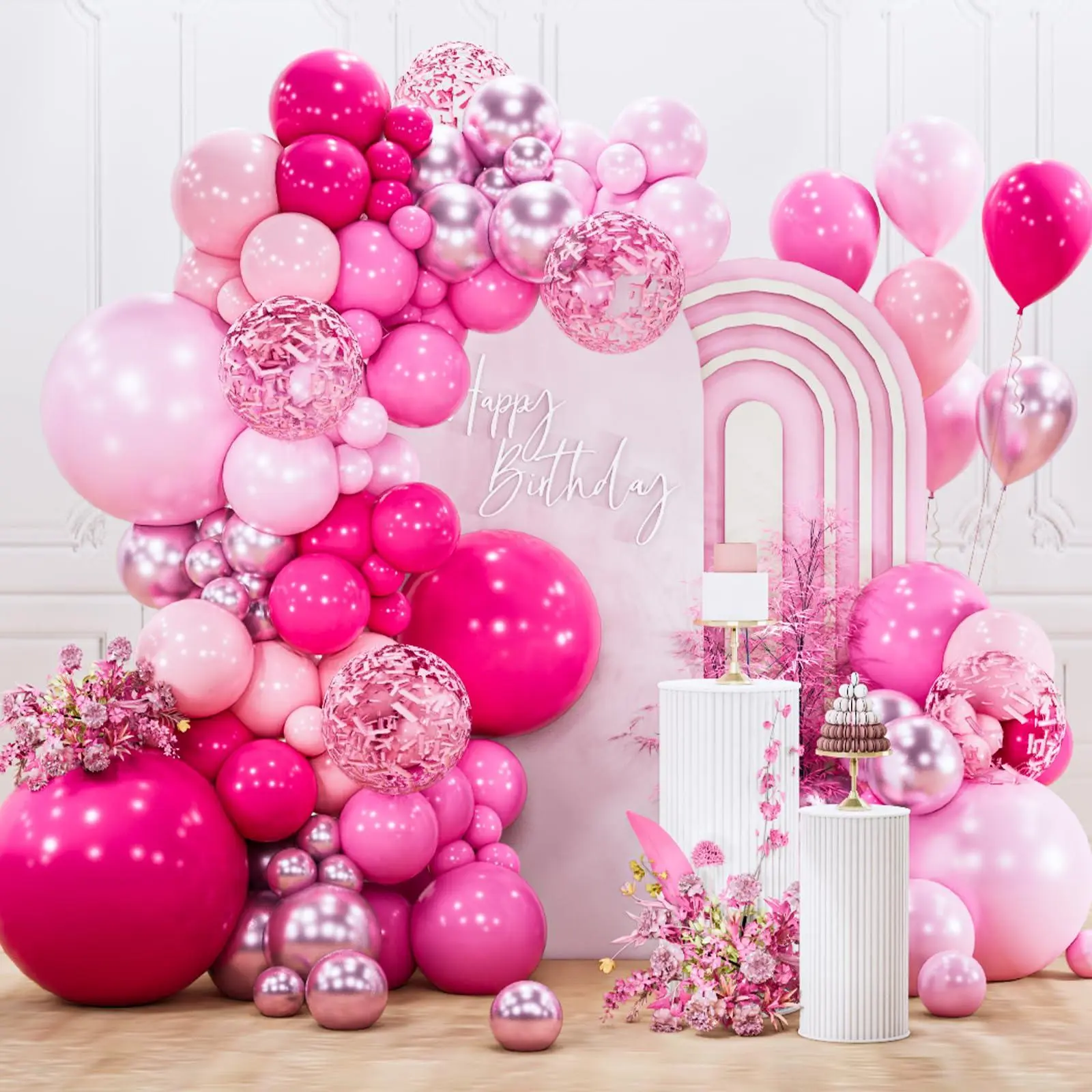 PartyWoo Hot Pink Balloon Arch Kit (142pcs, 18/12/10/5in Sizes) - Magenta Fuchsia Pastel Pale Pearl Metallic Blow Up Set with Pink Confetti, Circular Archway Balloon Decor for Baby Shower, Anniversary