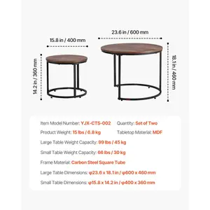 VEVOR Nesting Coffee Table Set of 2, 23.6 in Round Coffee Table, Nesting Tables for Small Place, End Side Tables Night Stand with Metal Frame, for Living Room, Bedroom, Office (Vintage Brown Black)