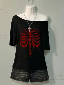 Women's Summer Short Sleeve Top, Bone Print Asymmetrical Slant T-Shirt, Casual Fitted Design, Daily Wear and Gift Idea, Casual Fashionable Top