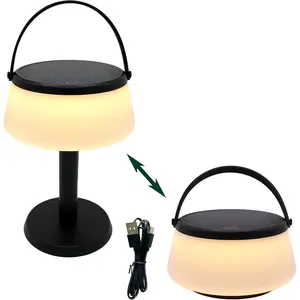 2-in-1 Portable Solar Power LED Table Lamp & Lantern Indoor Outdoor Stepless Dimming Rechargeable Battery 330 lumens 2700K IP44 Weather Resistant Black 1 Pack