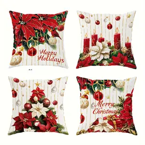 4pcs, Christmas Throw Pillow Covers, Holiday Pillow Covers, Modern Floral Design with Christmas Red and Festive Patterns, Suitable for Home Sofa and Bed Decor, Single-sided Printing, Without Pillow Core