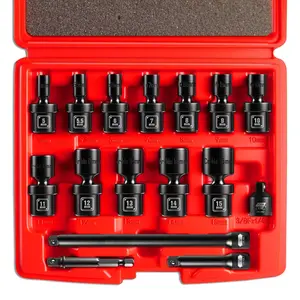 1/4" Drive Universal Impact Socket Set, 16-Pieces Swivel Socket Set, Metric(5-15mm) Flexible Wobble Socket Set, 2", 6" Extension Bars, Socket Adapter, 6 Point, CR-MO