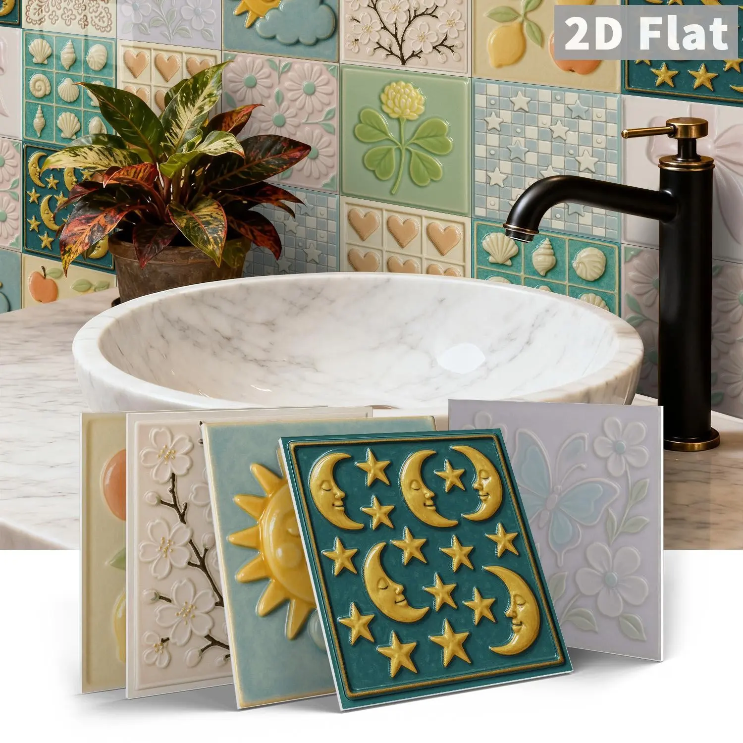 12/24 PCS Gift Box ART Fresh Pastoral Embossed & Vintage Floral Flowers Decorative PE Crystal Tile Stickers Wall Decals Waterproof Oil-Proof Home Decor for Kitchen Bathroom Walls Floors Floral Pattern Sticker