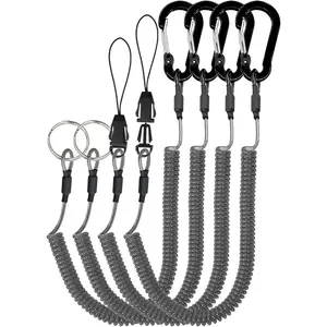 4pcs Spiral Stretchy Coiled Lanyard with Carabiner Clamps Fishing Equipment Tool Tether Leash, Ring and Quick Release Type,