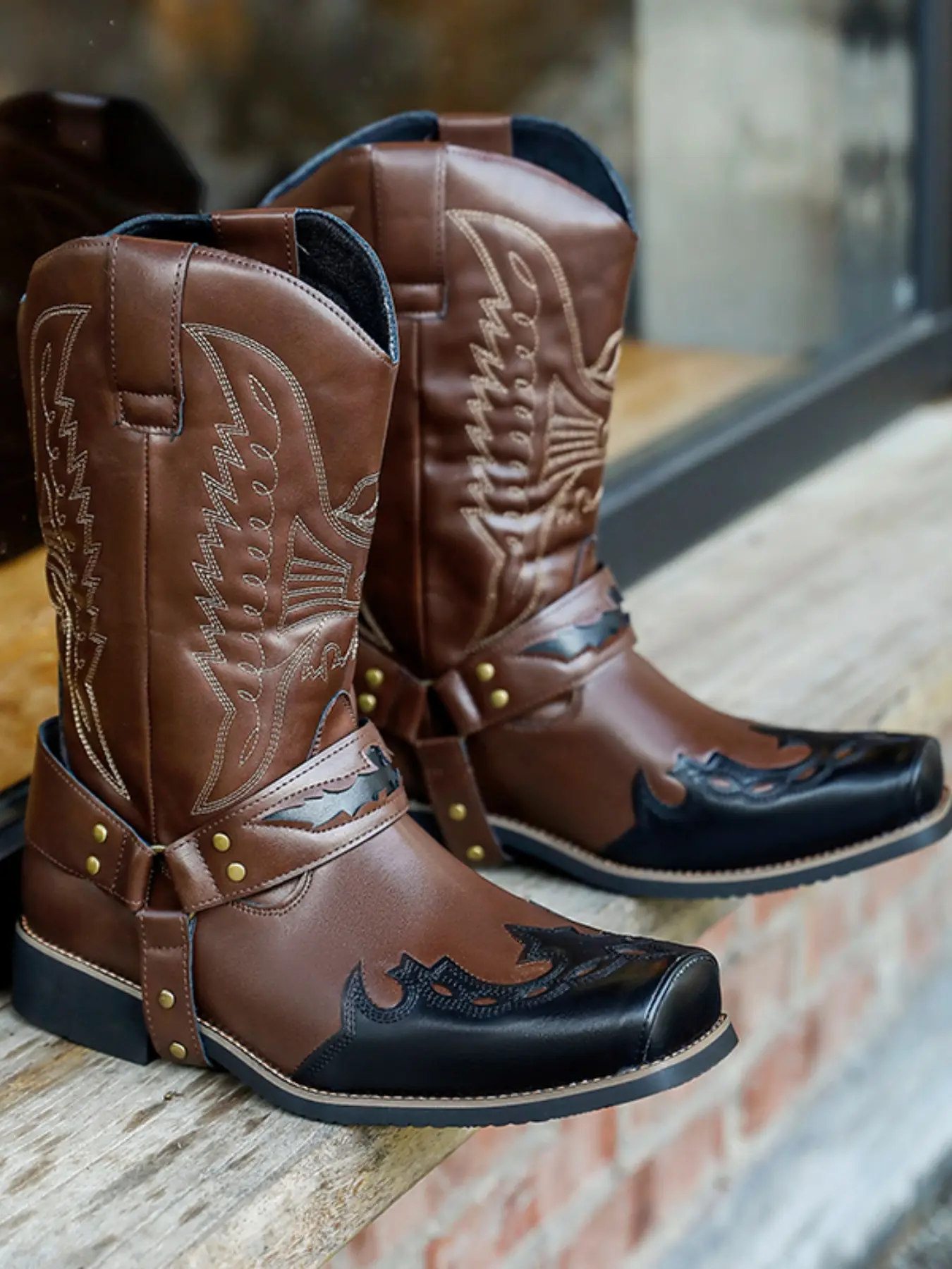 Men Western Cowboy Boots Handmade Embroidery Design Fashion Retro Square Toe Long Boot Color Block Ring Buckle Knight Style Rubber Footwear Embroidered Boots