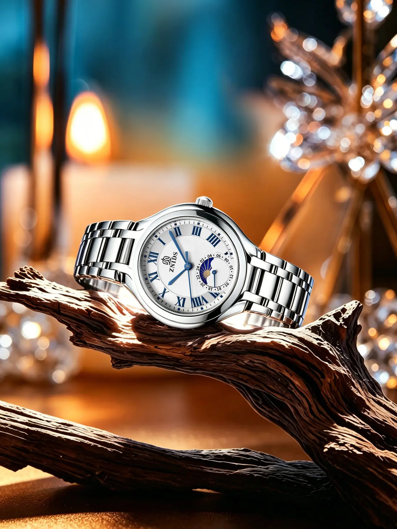Women's Moon Phase Watch, Quartz Movement, Roman Numerals, Blue Needle, Stainless Steel Band, Waterproof, Daily Wear, Business, Date Night, Waterproof Quartz Wristwatch, Analogue Quartz Watch, Casual Business Wristwatch