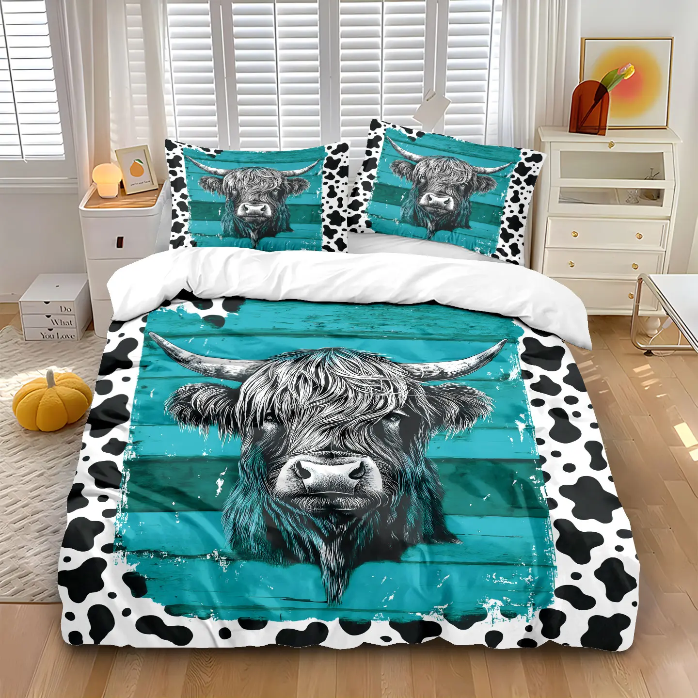 3-piece set (1 quilt cover +2 pillowcases, coreless) cow pattern highland cow print quilt cover set, soft and comfortable bedding, suitable for use in all rooms, room decoration, Bed Sets Supplies, Decorative Bedding Set, Printed Bedding Set