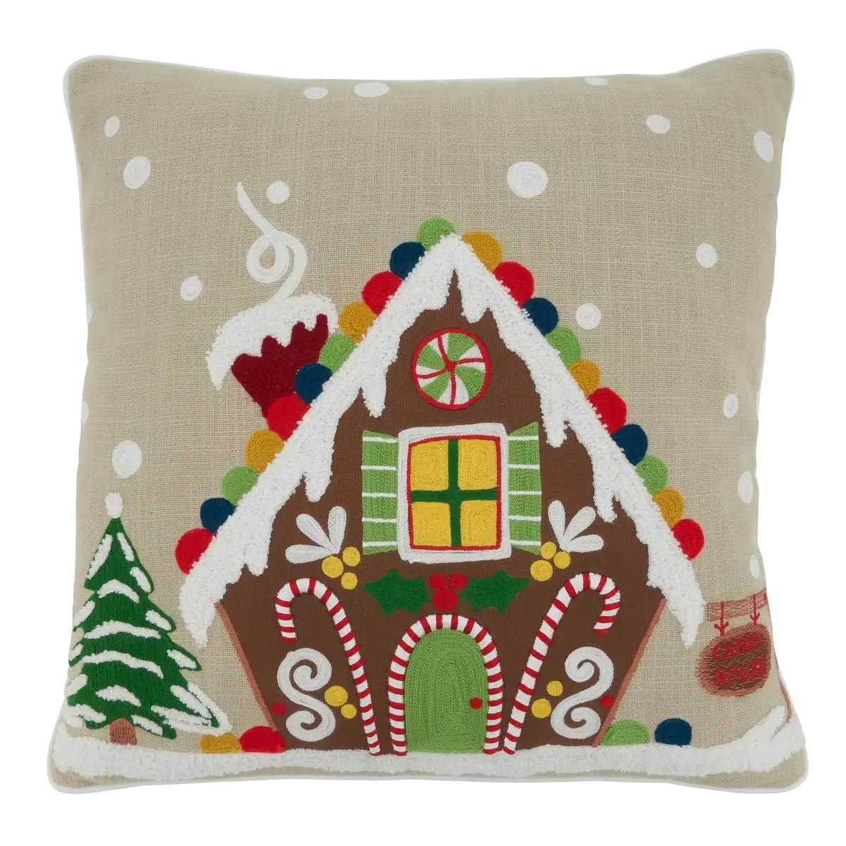 SARO 1171.N18SD 18 in. Square Cotton Gingerbread House-Shaped Standard Pillow - Natural, Attractive Designs, Down Filling, Machine Washable, Dry Clean Only, Room Decor, Aesthetic Room Plush, Cozy, Indoor Use