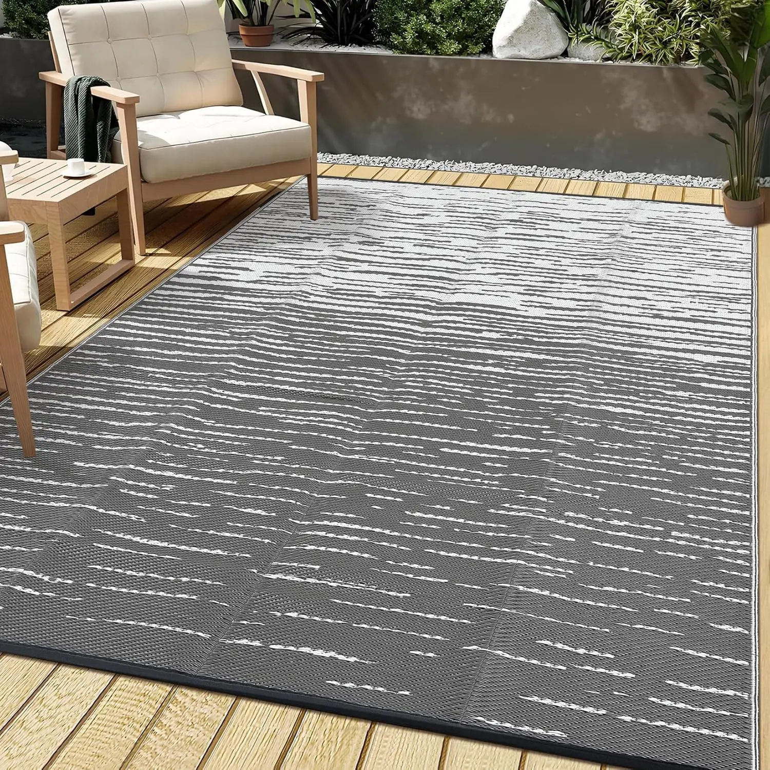 Outdoor Rug Waterproof, Modern Plastic Straw Rugs, Foldable Abstract Camping Rugs for Outside Your RV, Reversible UV Resistant Carpet for Backyard, Deck, Picnic, Beach, Porch