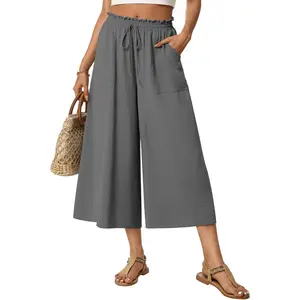 Womens Capri Pants Wide Leg Gaucho Pant Dressy Casual Culottes Elastic Waist with Pockets