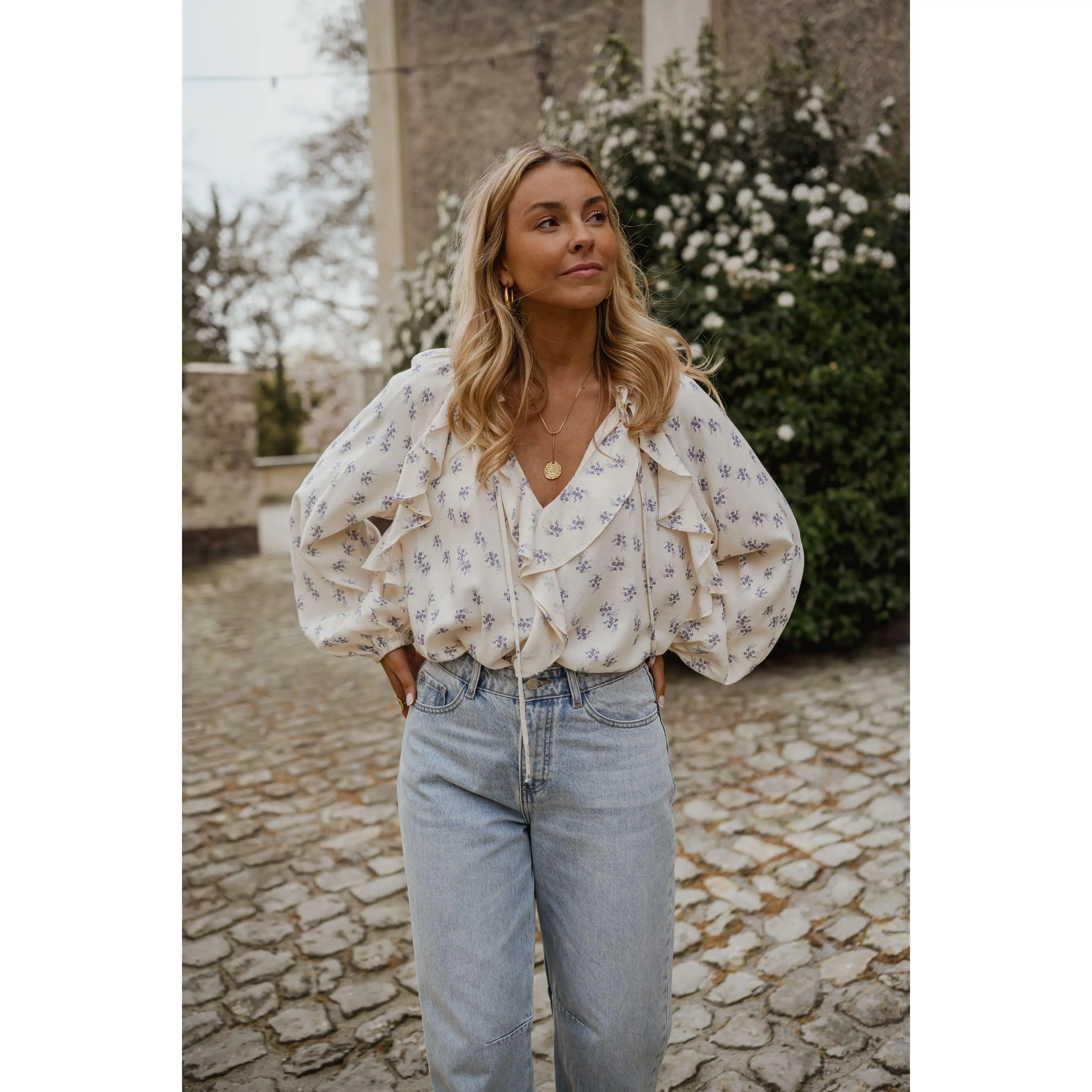 Ecru with Blue Floral Euredice Blouse