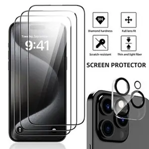 For iPhone 15 Pro Max Plus Full Tempered Glass Screen Protector,Camera Lens Film 9H Hardness Easy Installation Bubble Free [6.7 inch] (No Screen Protector + Alcohol Pack): Black