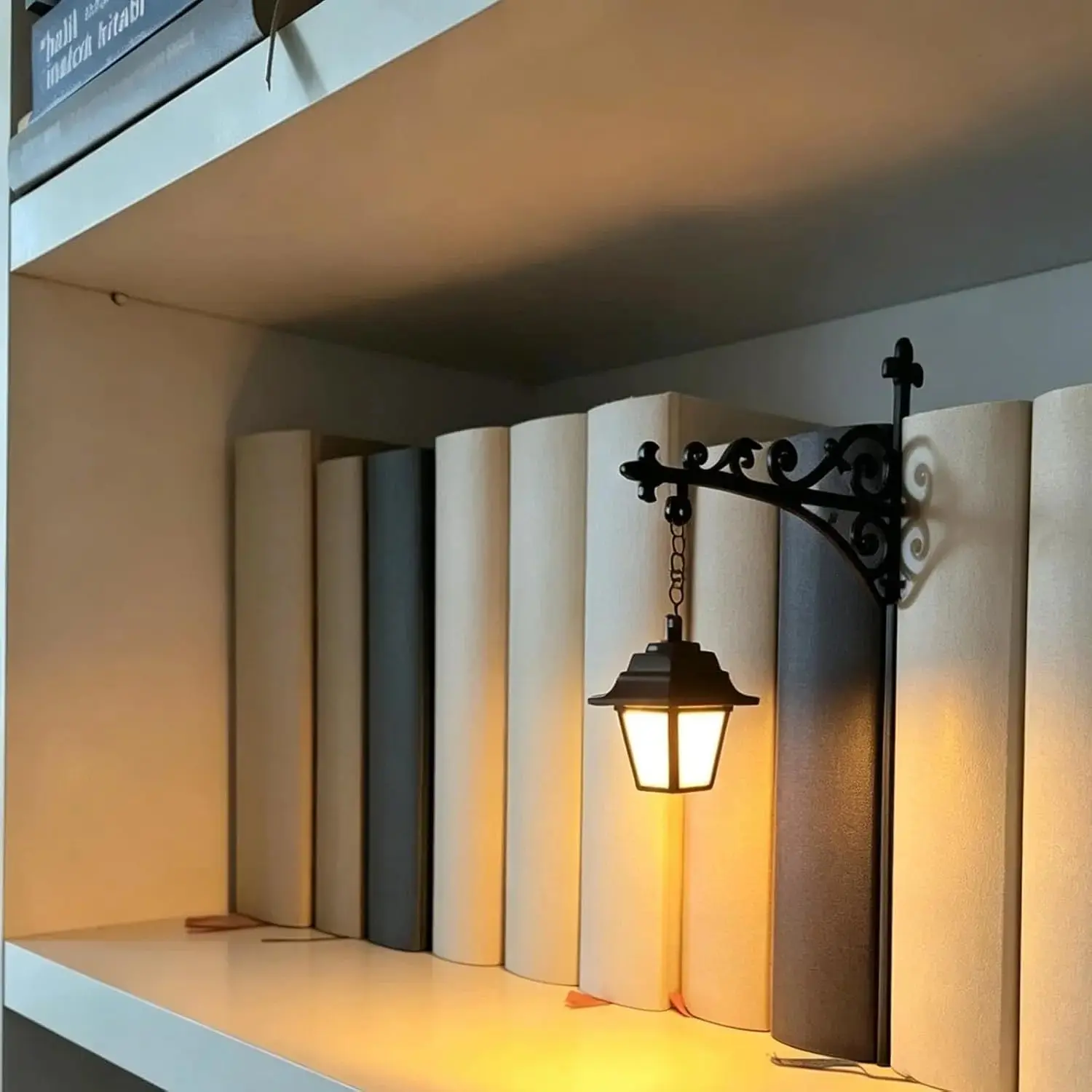 Library Lantern-Decorative Bookshelf Mountable LED Lighting, Mini Hanging Shelf Warm White Nightlight, Cozy Reading Nook Literary Book Decor, Halloween Rustic Interior Decorations