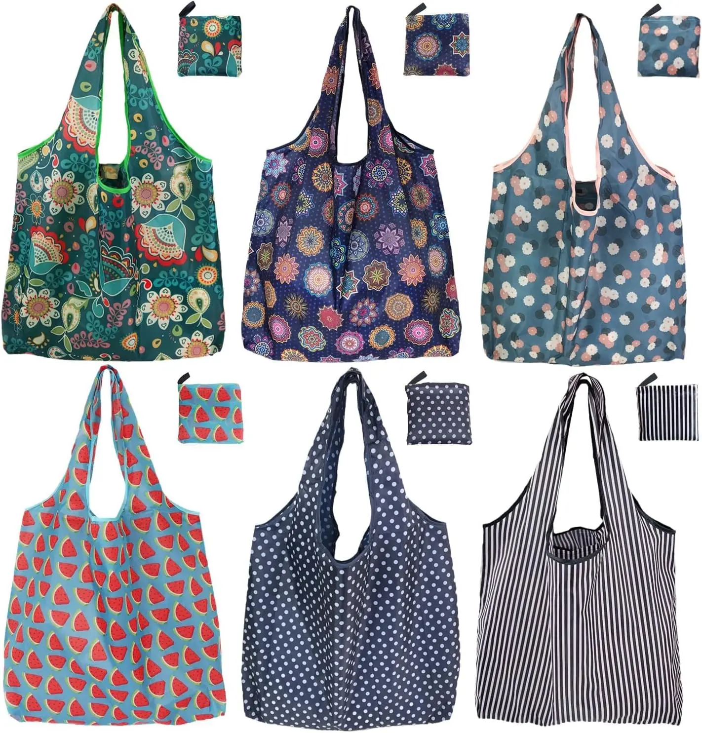 6 Pack Reusable Grocery Bags, Foldable Heavy Duty Shopping Totes, Washable Large Capacity Nylon Bags, Eco Friendly Market Bags for Home Storage and Daily Use