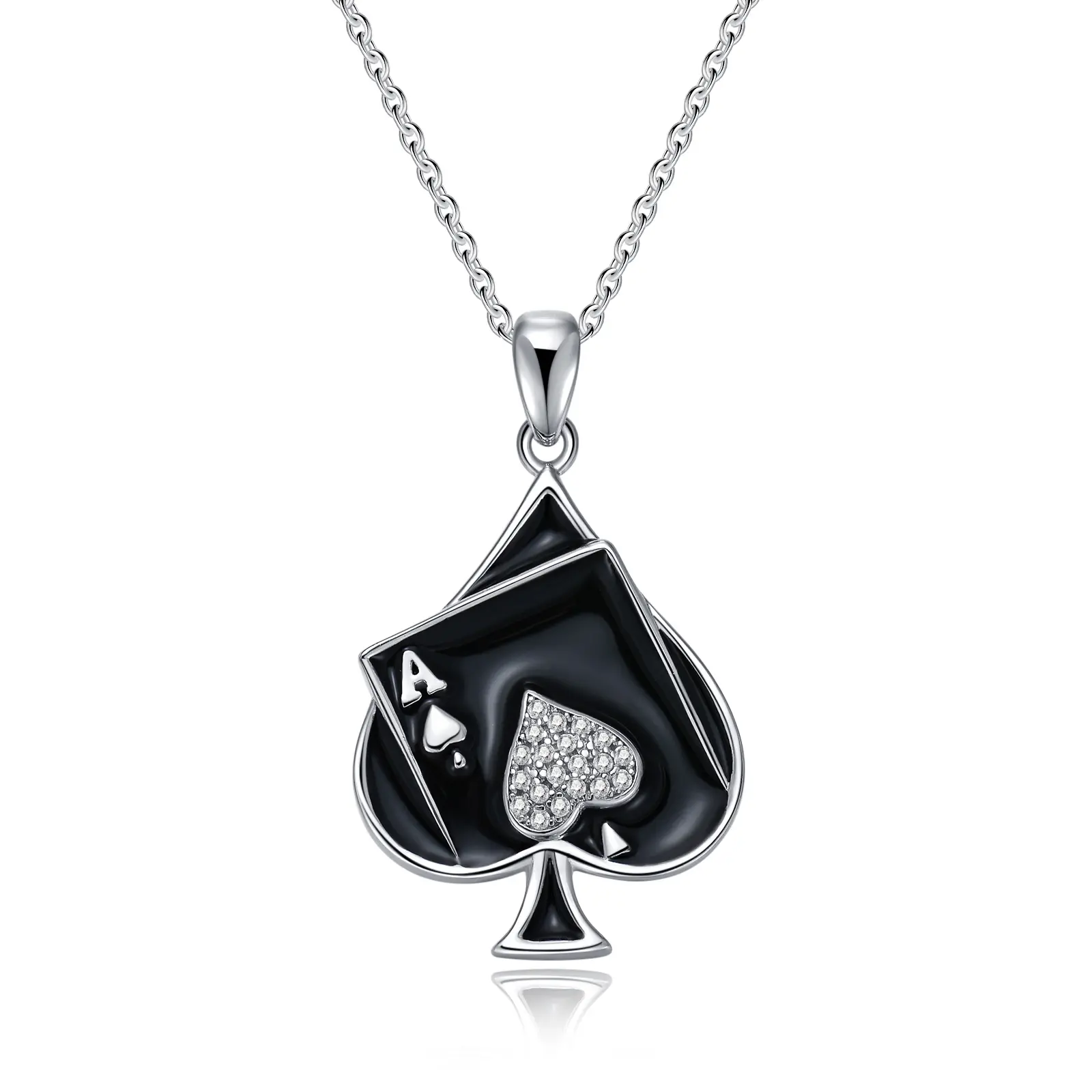 Women's S925 Sterling Silver Elegant Poker Ace Necklace, Ace of Spades Pendant, Adjustable Chain, Black Heart Non-Natural Crystal Jewelry for Casual-Formal Occasions Gifts, Elegant Necklace