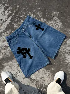 1 Pair Men's Black Cross Graphic Denim Shorts Loose #HypebeastShorts, Streetwear Style, Relaxed Fit, Ideal for Men's Summer Casual/Street Outfits