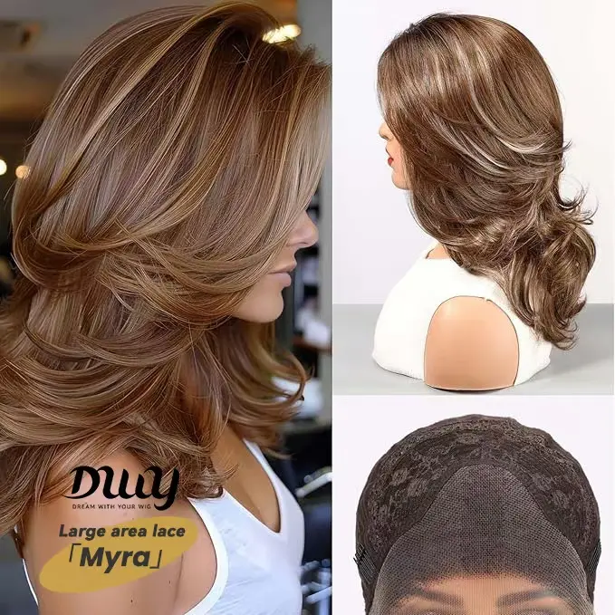 Myra - NEW COLOR! DWY 13×3.5 Lace Front Free Part Mid-Length Curly Brown with Highlights Glueless Synthetic Wig for Women 18 Inches Stylist Friendly Wig