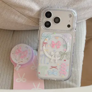 Bling Rhinestone Clear Magnetic Bow Phone Case for iPhone 15 16 17 Pro Max INS Fashion Popular Protective Cover with Colorful Bows