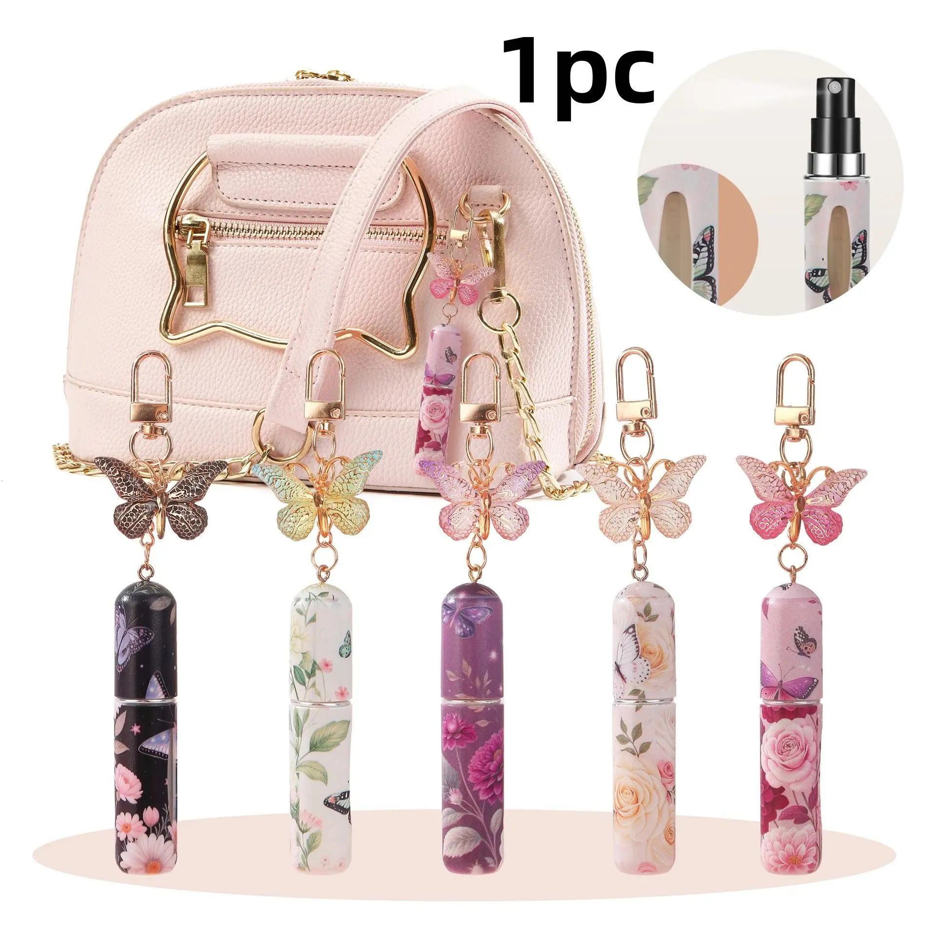 Mini Refillable Compact Perfume Bottle, Floral Print with Butterfly Charm, 5ML Portable Travel Scent Spray, Perfect for Bags and Keychains, Aesthetic Gift, Travel Pump Bottle
