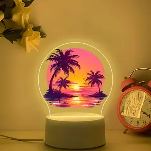 Tropical Island Sunset Acrylic Night Light, Gradient, Coconut Tree Silhouette, Warm Glow, Desktop Decor, Summer Atmosphere