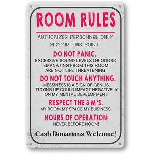 Room Rules Sign For Teen Girls Boy Bedroom/Gaming Room Door Decor Dorm Wall Accessories Cool Things, Funny Metal Tin Signs 12 X 8 In
