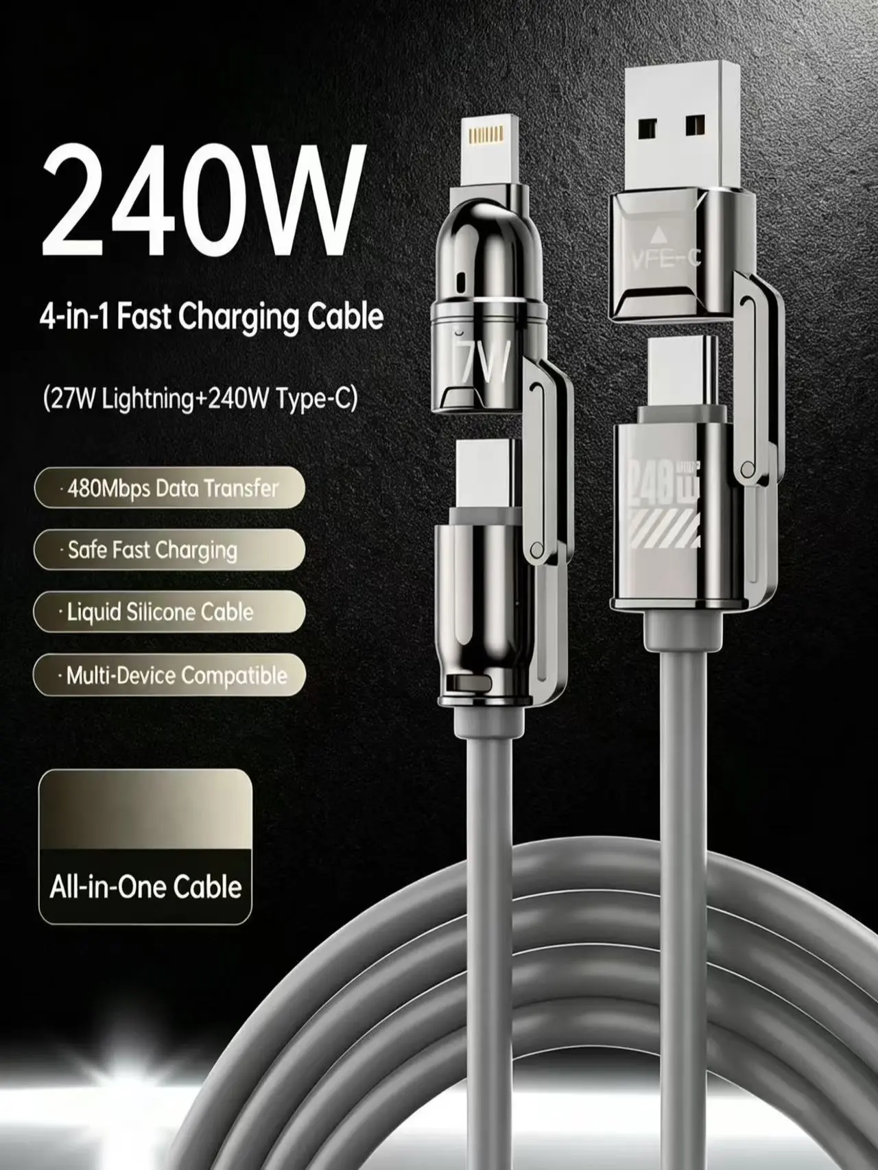 240W 4-in-1 Fast Charging Cable with USB-A, Type-C, Lightning Interfaces for iPhone, Android, Laptops, 480Mbps Data Transfer, Liquid Silicone, Zinc Alloy Connector, 99% Compatibility