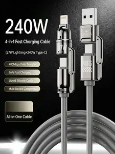 240W 4-in-1 Fast Charging Cable with USB-A, Type-C, Lightning Interfaces for iPhone, Android, Laptops, 480Mbps Data Transfer, Liquid Silicone, Zinc Alloy Connector, 99% Compatibility summerwins