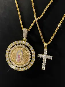 Hip Hop Rhinestone Decorated Virgin Mary & Cross Pendant Necklace Set, Cross Necklaces, Fashion Jewelry for Party, Daily Clothing Decor, Trendy All-match & Exquisite Jewelry for Birthday Gift