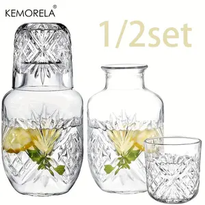 KEMORELA 1/2set Crystal Bedside Carafe and Glass Set, 2 Piece Water Pitcher and Cup Night Set, 17.75 oz or 525 ml Capacity, Elegant Design for Home Use, Drinkware